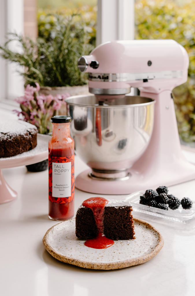 Chocolate Cake with Raspberry & Rhubarb Dessert Sauce